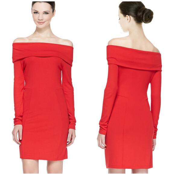 French Connection Valentine Viscose Off Shoulder Dress Size 6 Red Stretchy Fit - Picture 1 of 11